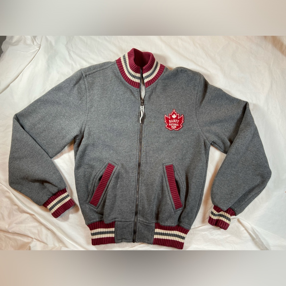 Gray‎ + Maroon Bomber Varsity Jacket From Banff National Park Canada Size Small